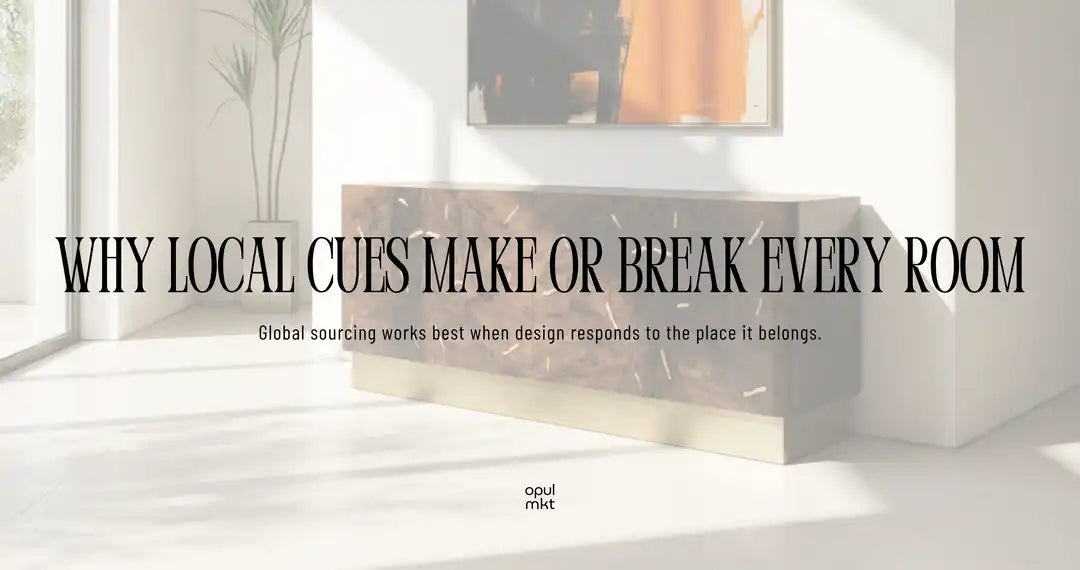Culturally considered luxury interior with locally sourced materials, regional palette, and artisan craftsmanship