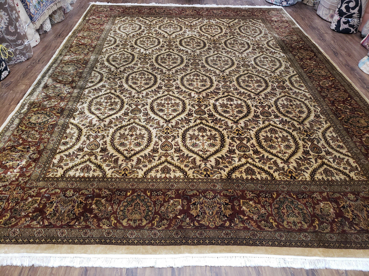 Vintage Indo Persian Area Rug 9x12, Wool Hand-Knotted Ivory & Dark Red Oriental Carpet, Fine Weave 9 x 12 Indian Rug, Dining Room Rug - Jewel Rugs, view 2