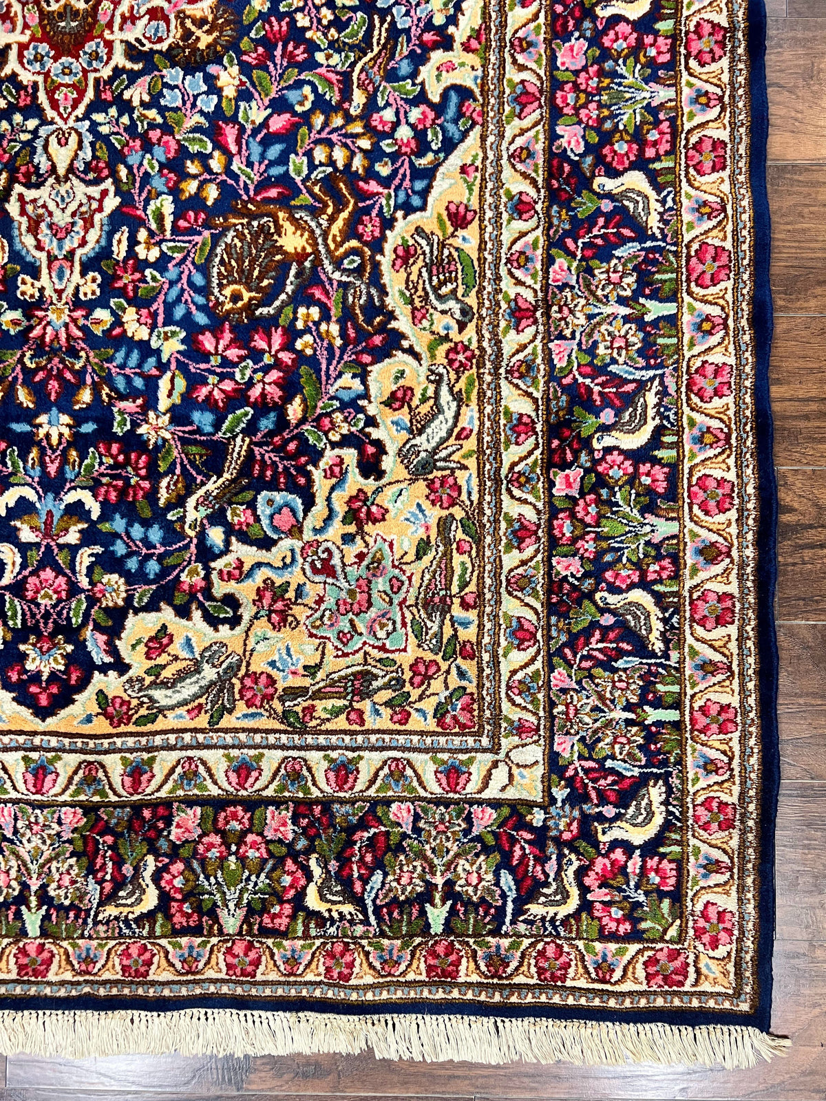 Persian Kirman Rug 6x9, Floral Medallion Vintage Wool Handmade Carpet 6 x 9, Animal Pictorials Birds, Semi Antique, Navy Blue, Millefleur - Jewel Rugs, view 9