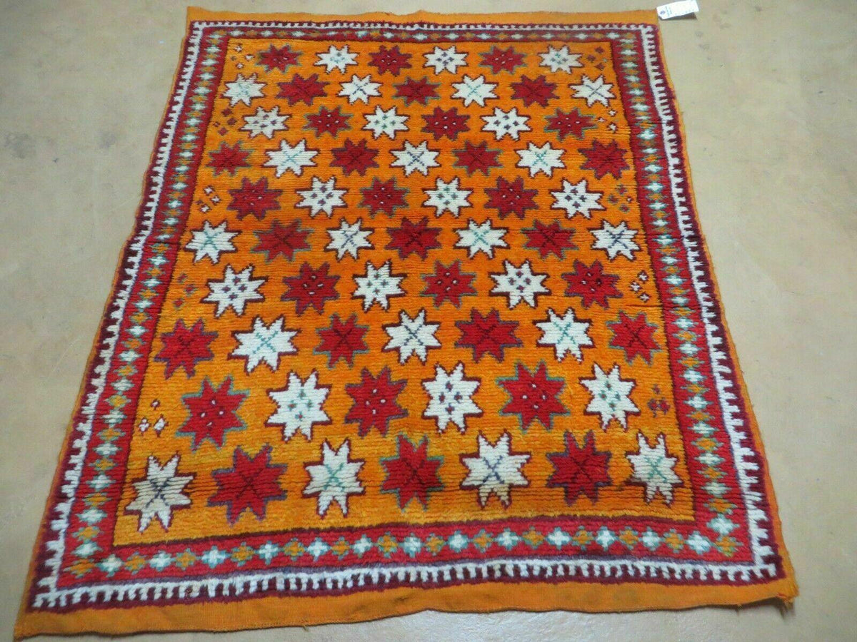Vintage Moroccan Rug 4x5, Orange Ivory Red, Geometric Stars, Repeated Motif Allover, Hand Knotted Soft Wool Area Rug, Tribal Oriental Carpet - Jewel Rugs, view 2