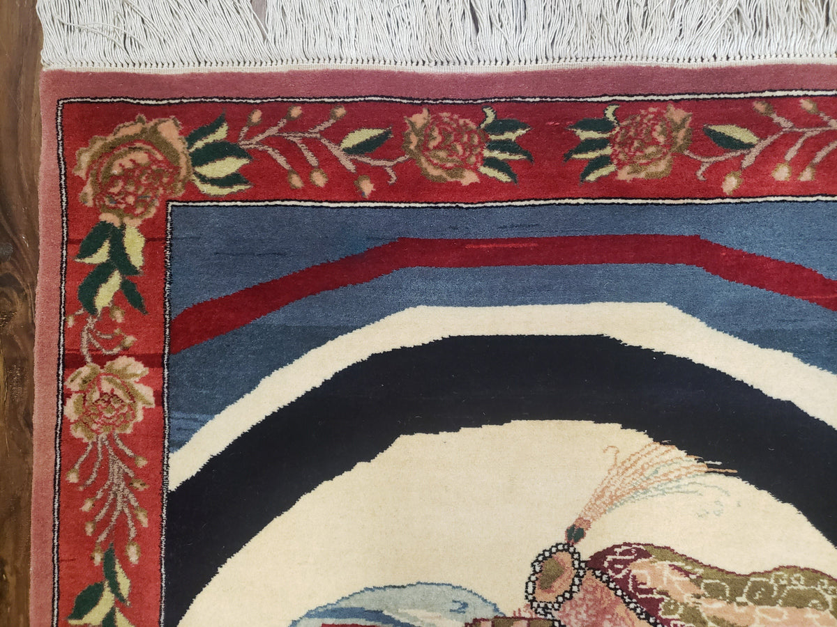 Vintage Small Pictorial Lovers Rug 2.5 x 4, Taj Mahal Indo Persian Rug, Wool Hand-Knotted Indian Rug, King & Queen, Layla and Majnun - Jewel Rugs, view 7