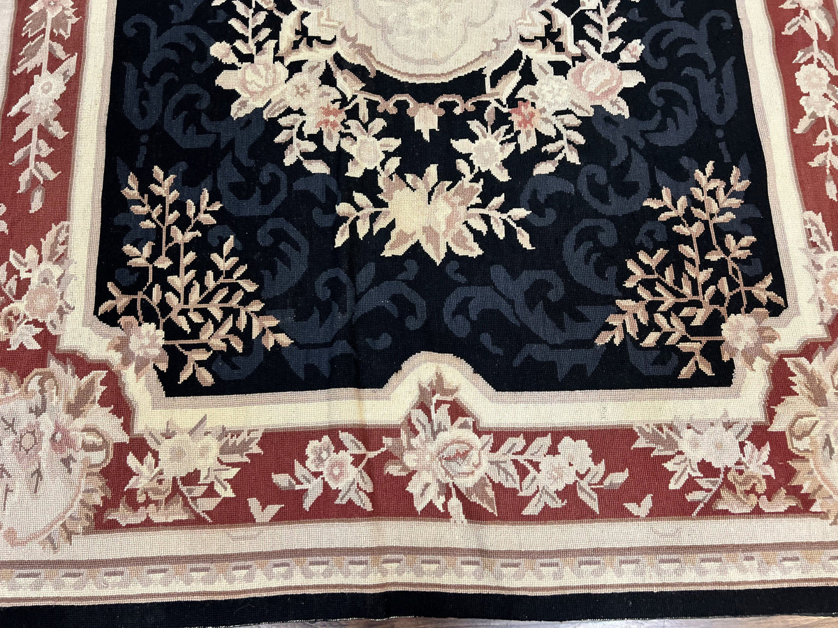 Needlepoint Rug 5x8, Wool Handmade Vintage European Design Carpet, Black & Maroon, French Aubusson Pattern Flatweave Rug - Jewel Rugs, view 6