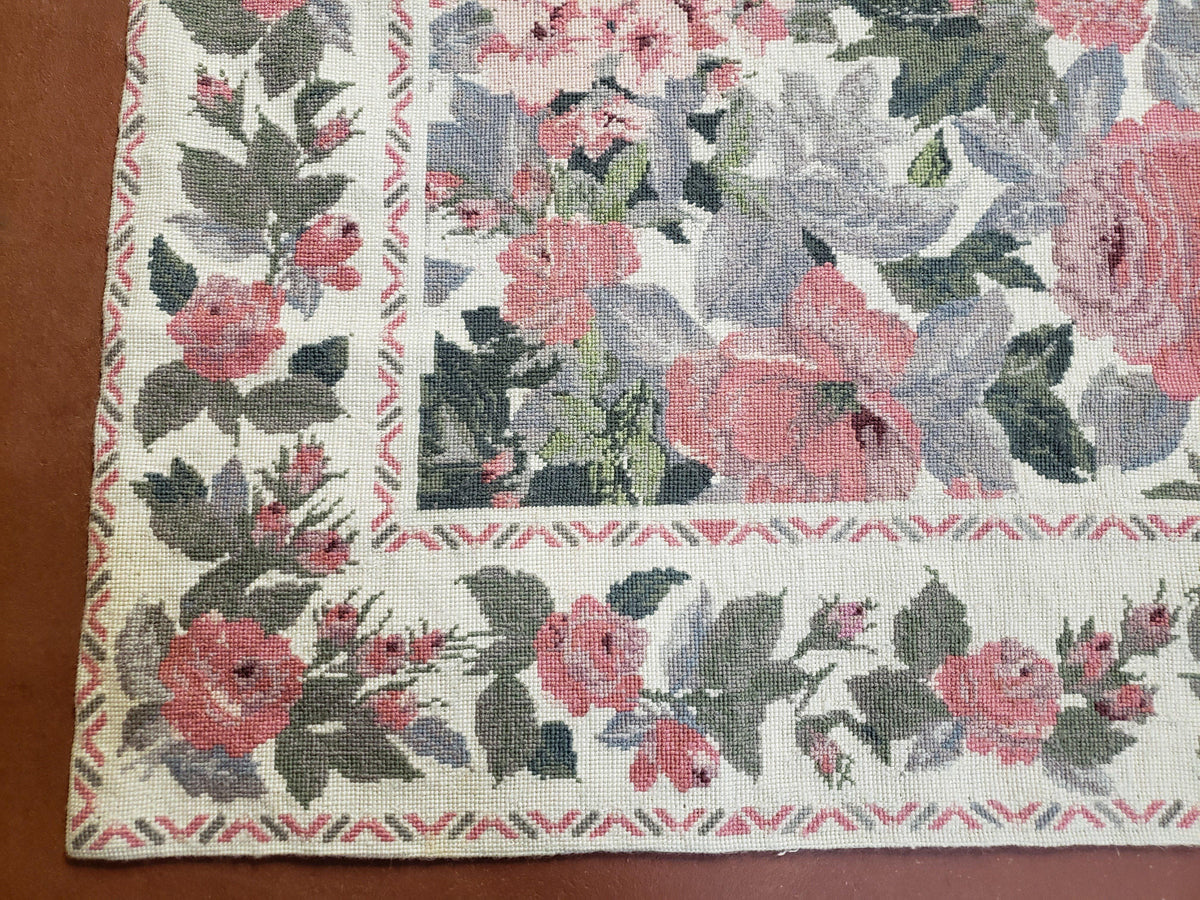 5x8 Needlepoint Rug 5' 4" x 8' 3" Wool Flat Weave Floral New Unused Carpet English Design Ivory Large Pink Flowers Green Leaves Hand-Knotted - Jewel Rugs, view 9