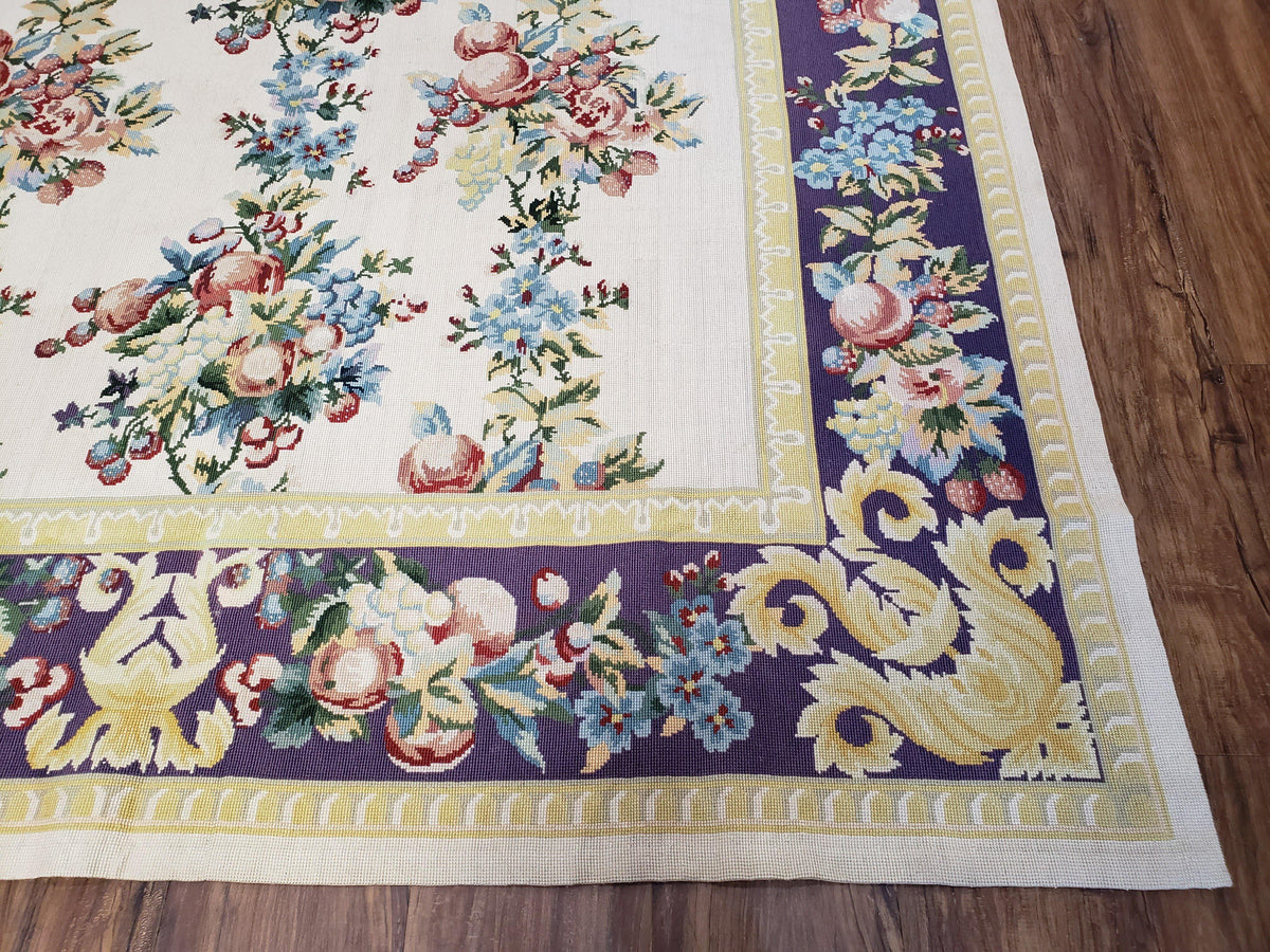 Vintage Chinese Floral Needlepoint Area Rug 6x9, Wool Hand-Woven Handmade Flatweave Rug, Ivory & Purple, Fruits Grapes Apples, Dining Room - Jewel Rugs, view 10