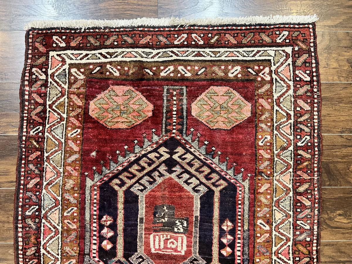 Persian Heriz Runner Rug 3.8 x 8.6, Geometric Design, Large Triple Medallions, Hand Knotted Handmade Vintage Wool Hallway Rug, Red - Jewel Rugs, view 3