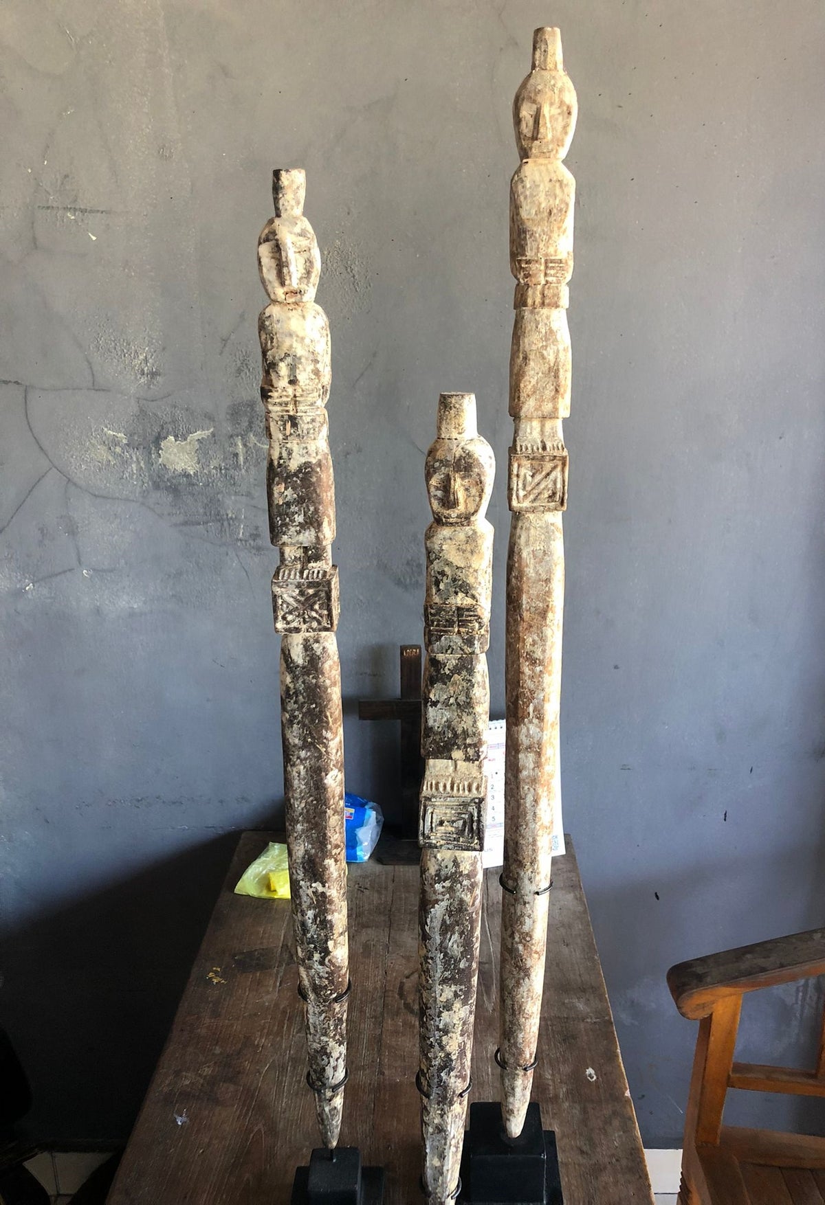 Approx. 35" H Wooden Stick Statue on Stand Vintage Finish