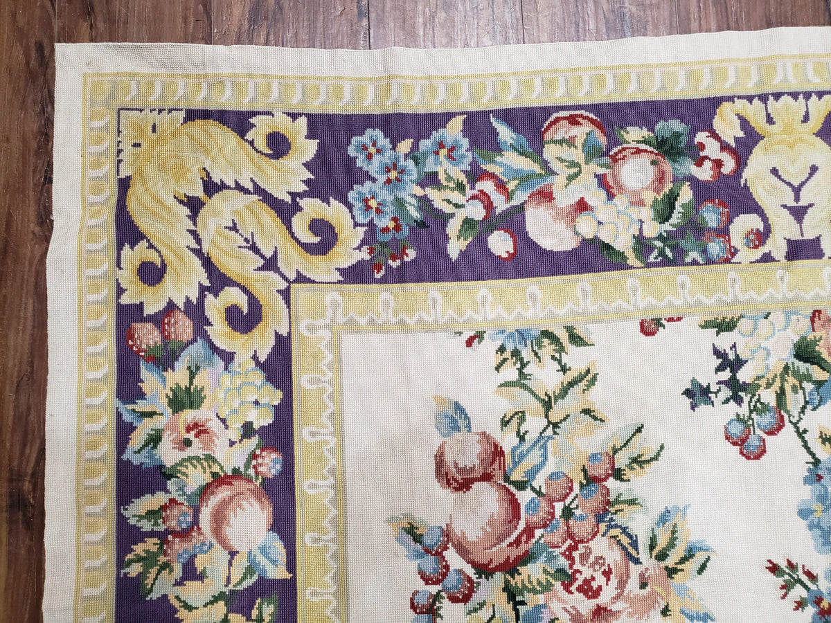 Vintage Chinese Floral Needlepoint Area Rug 6x9, Wool Hand-Woven Handmade Flatweave Rug, Ivory & Purple, Fruits Grapes Apples, Dining Room - Jewel Rugs, view 7