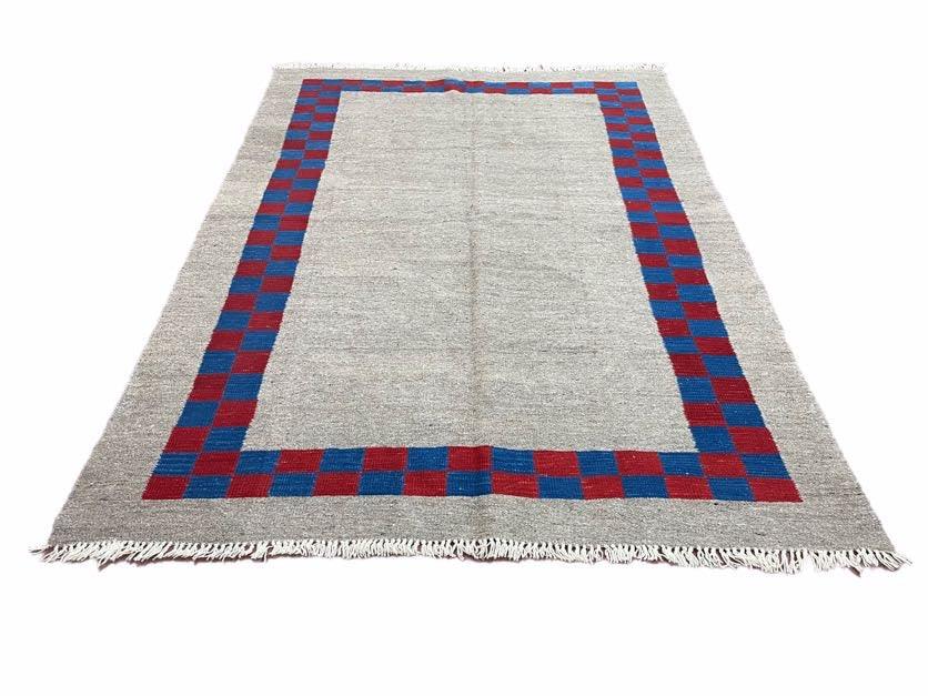 Gray Turkish Kilim Carpet 5' 7" x 7' 7", Medium Kilim Rug, Hand-Knotted, Blue & Red Border, Minimalistic Design, Geometric, Wool, New - Jewel Rugs, view 12