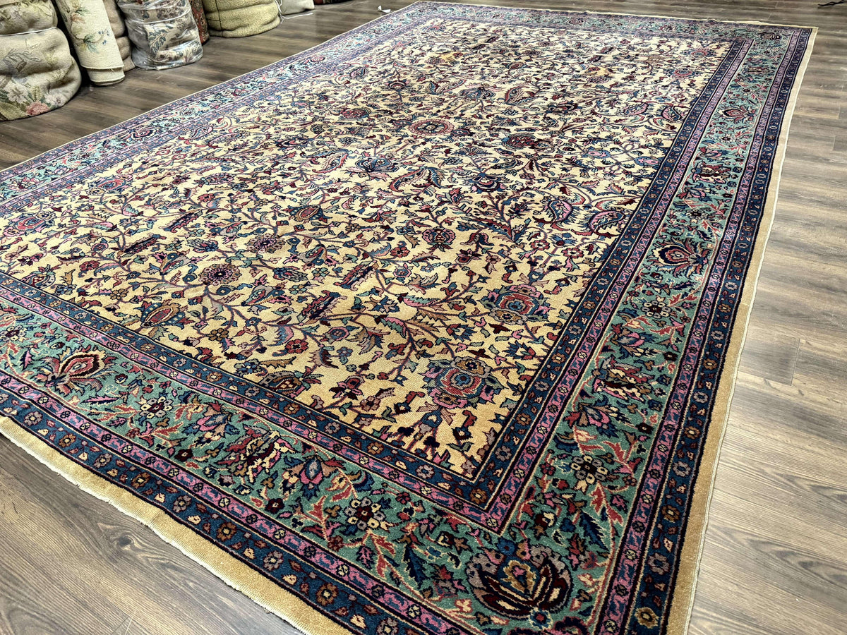 Antique Persian Rug 10x15, Camel and Cyan, Allover Pattern, Rare, Samarkand Rug - Jewel Rugs, view 3
