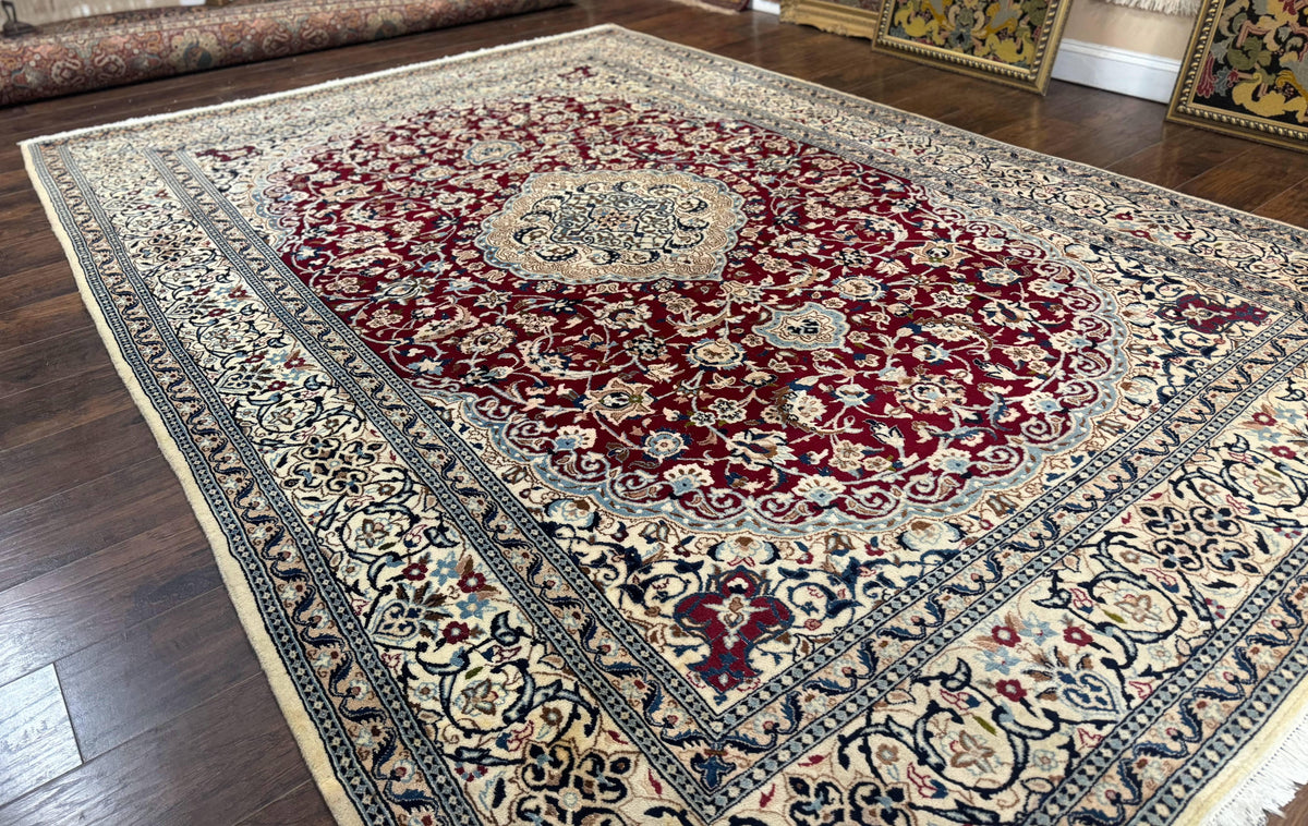 Persian Nain Rug 8x11, Wool and Silk Highlights, Burgundy & Ivory - Jewel Rugs, view 13