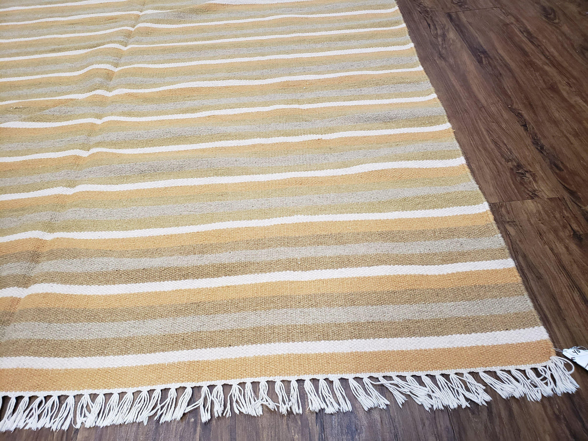 New Indian Kilim Area Rug, 6x8 - 7x8 South American Style Blanket, Striped Indian Wool Hand-Woven Flat Weave 6x9 Bedroom Rug, Ivory Ochre - Jewel Rugs, view 9