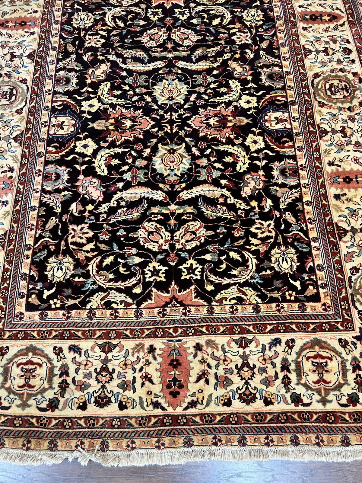 Indo Persian Rug 5x15, Wide Runner Rug 5 x 15 ft, Wool Hand Knotted Vintage Carpet, Black & Cream, Floral Allover Long Oriental Rug - Jewel Rugs, view 5