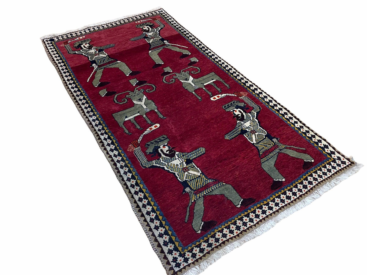 3 X 6 Handmade Wool Rug Tribal Balouch Warriors Deer Animal Pictorial Red Swords - Jewel Rugs, view 3