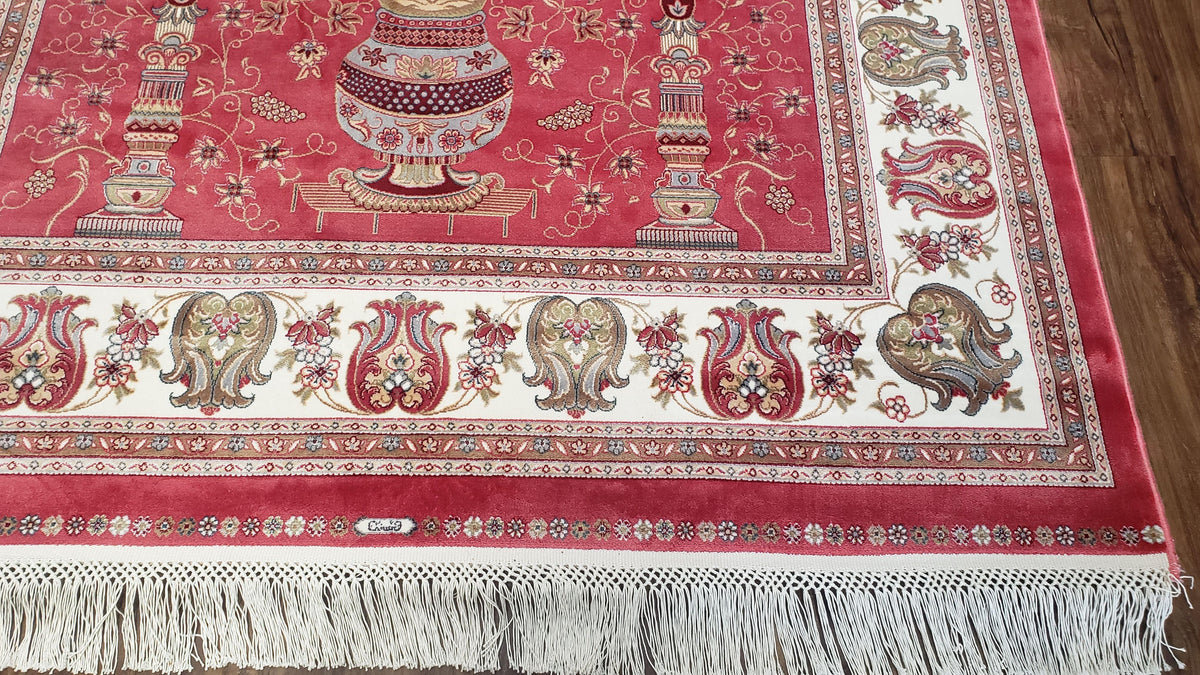 4 x 6 Silk Carpet Red, Traditional Oriental Rug 4x6, Flower Vase Columns, Turkish Rug New, High Quality, Bamboo Silk, Area Rug - Jewel Rugs, view 12