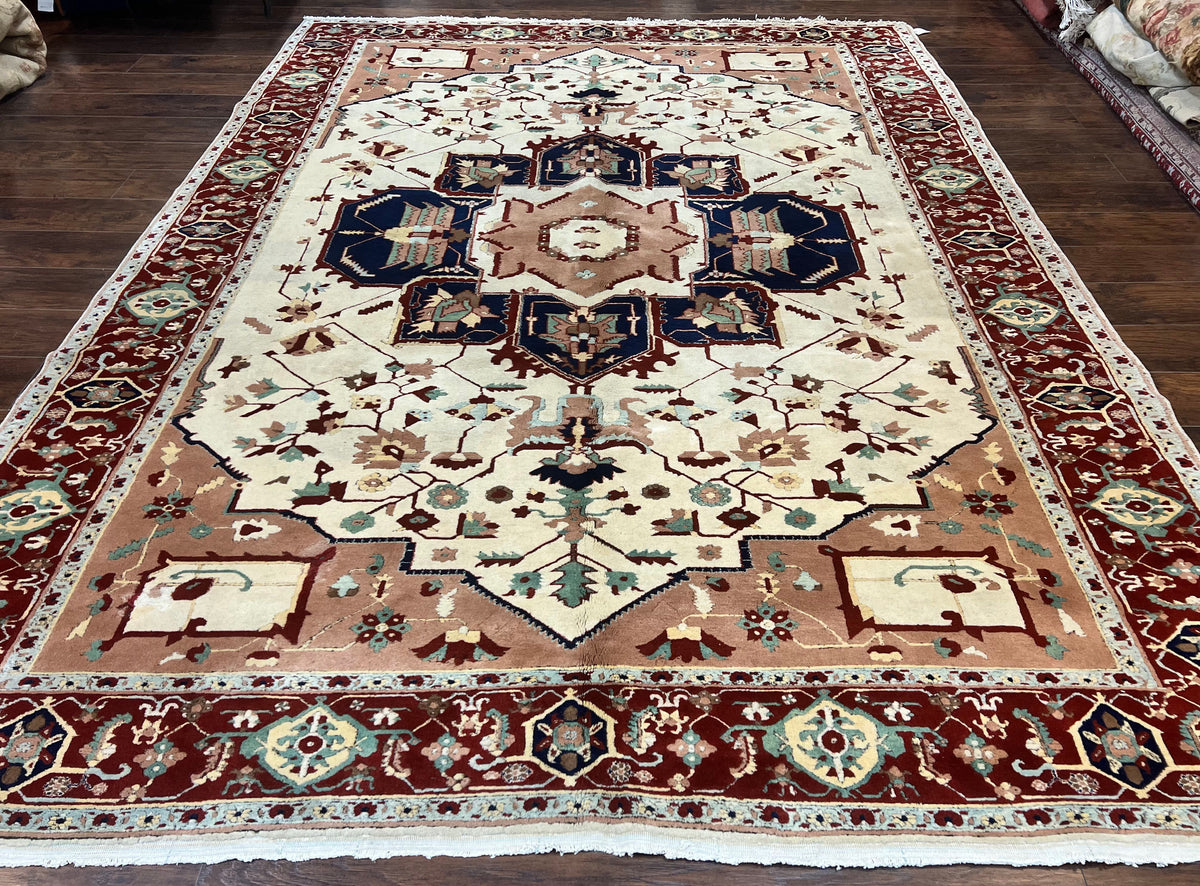 Indo Heriz Rug 9x12, Geometric Indo Persian Room Sized Decorative Area Rug 9 x 12 ft, Cream Navy Blue Pink Handmade Vintage Wool Carpet - Jewel Rugs, view 2