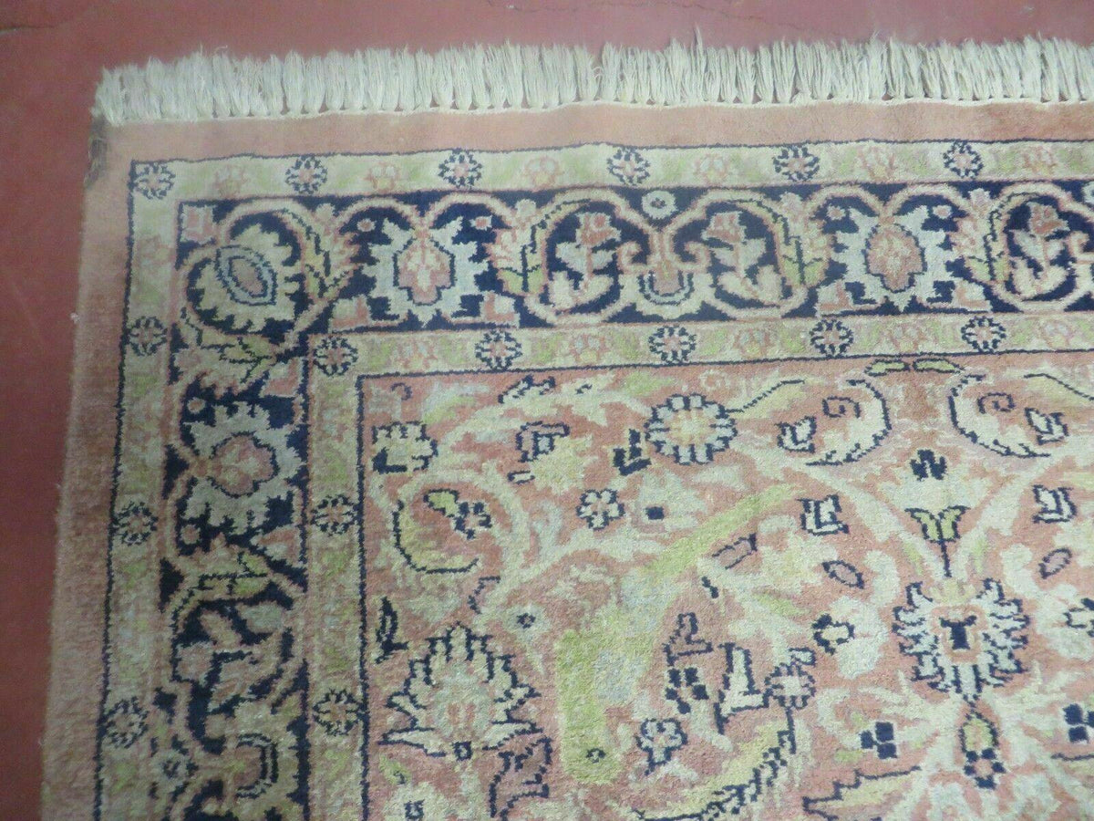 Indian Silk Rug 4x6, Indian Kashmiri Silk Carpet 4 x 6 ft, Vintage Hand Knotted Floral Bird Motifs, Light Pink and Navy Blue, Silk on Cotton - Jewel Rugs, view 7