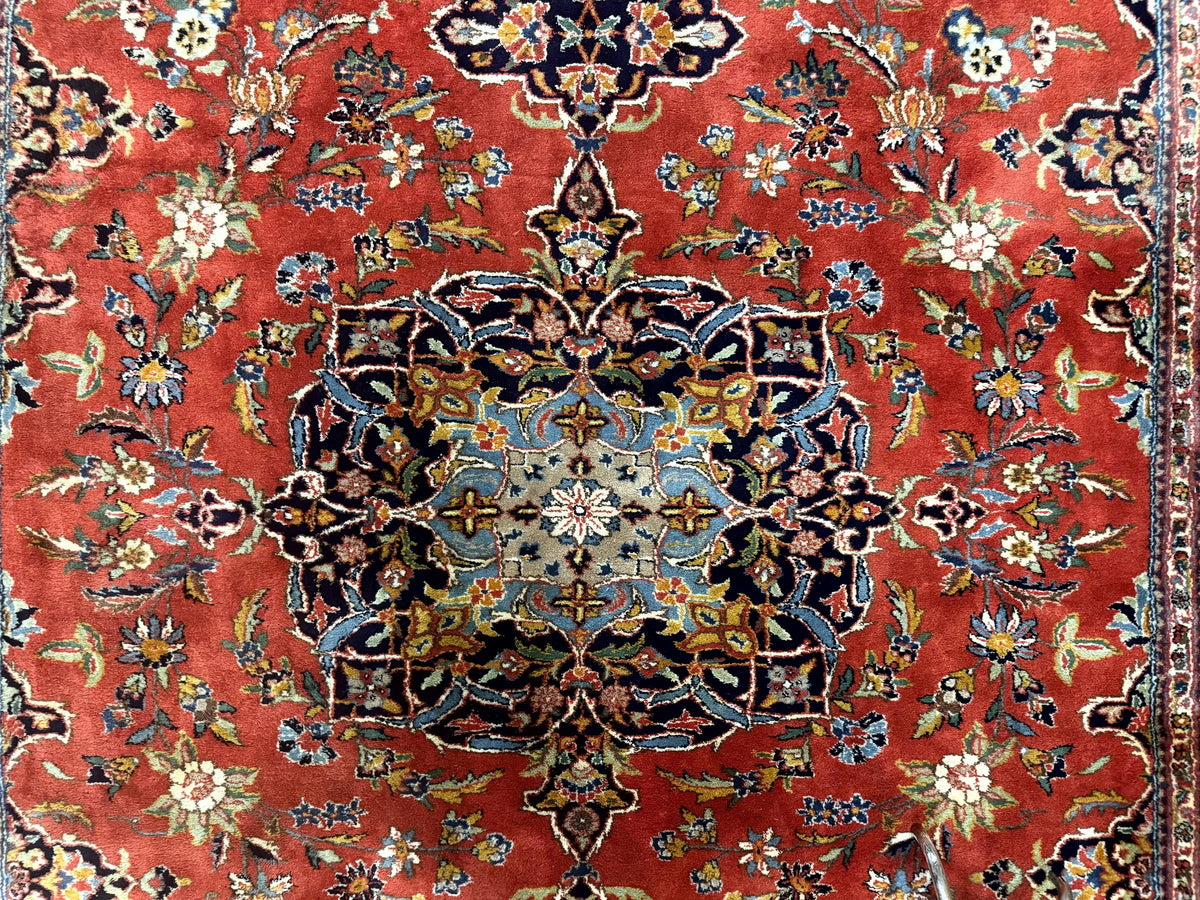 Indo Persian Rug 7x10, Vintage Handmade Wool Carpet, Floral Medallion Traditional Rug, Red and Midnight Blue - Jewel Rugs, view 5