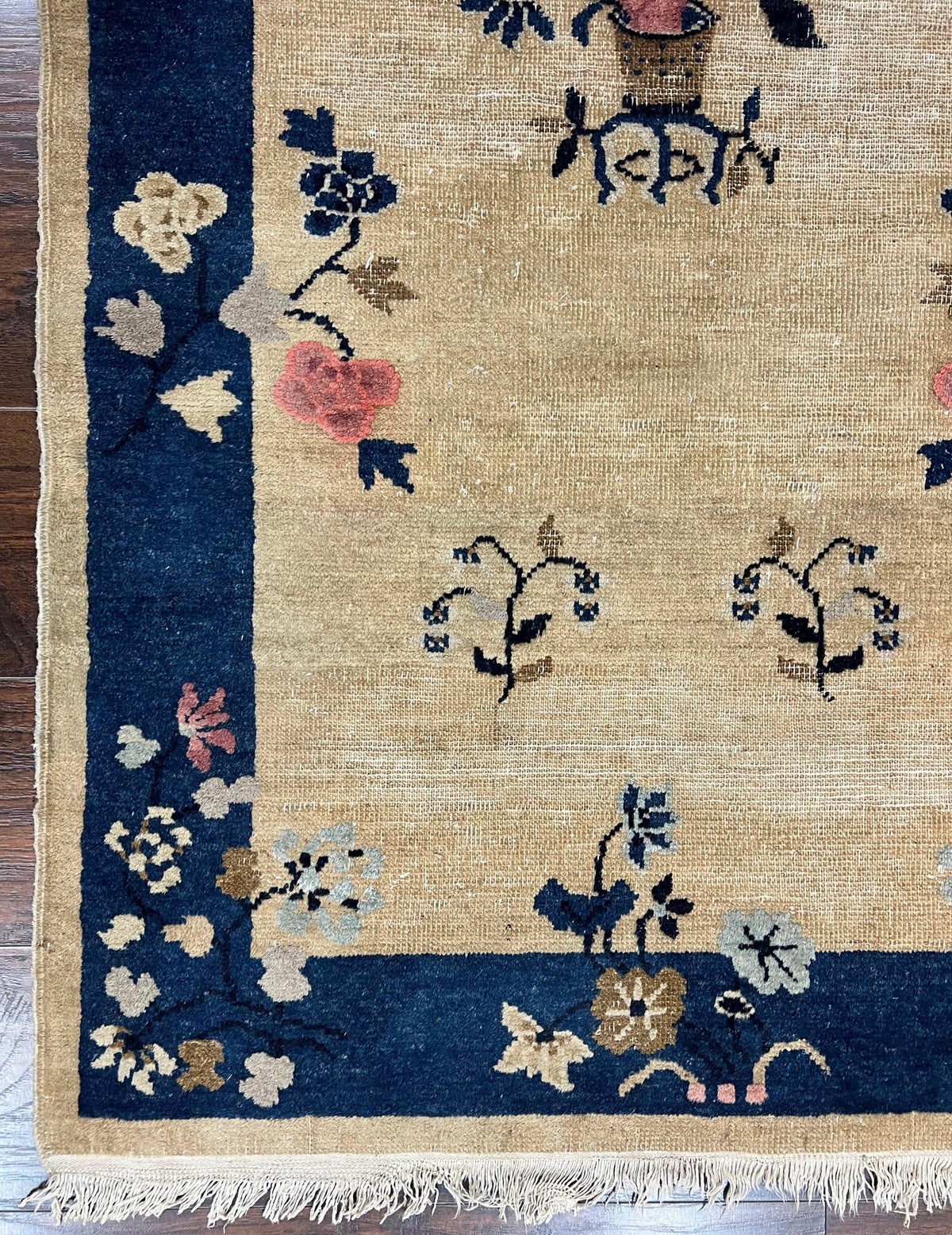 Antique Chinese Peking Rug 3x6, Beige and Dark Blue Hand Knotted Handmade Asian Oriental Carpet, Floral Vases, Vintage Wool Art Deco Rug - Jewel Rugs, view 9