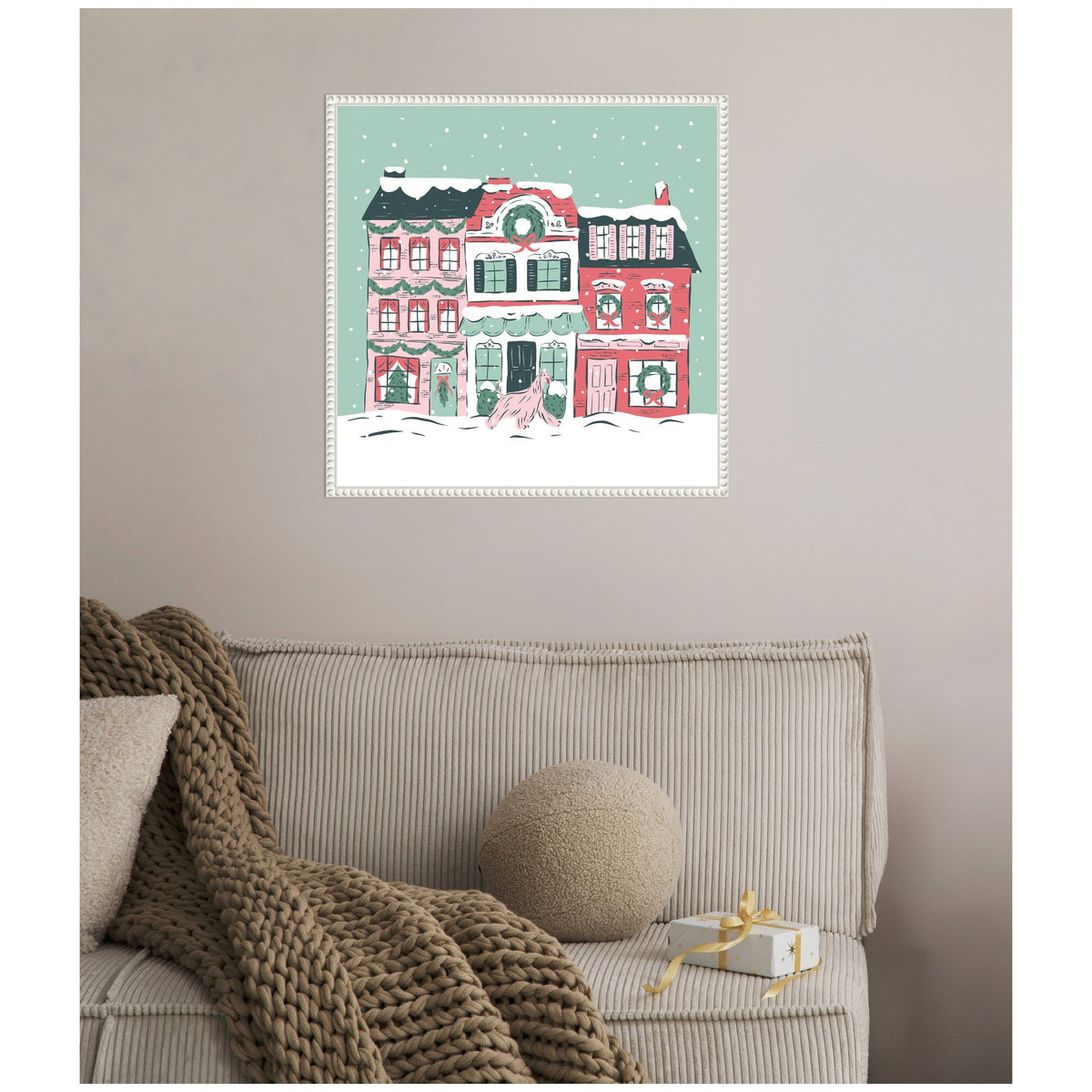Sylvie Beaded Snowy Christmas Village Framed Canvas by Krissy Mast
