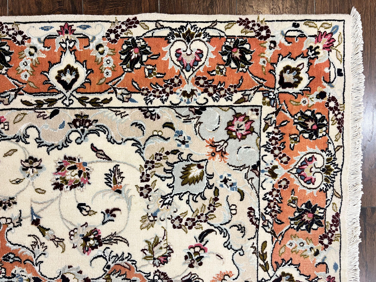 Persian Tabriz Rug 4.5  x 6.8, Finely Hand Knotted Wool with Silk Highlights Vintage Oriental Carpet, Cream and Salmon, High KPSI, Floral Medallion - Jewel Rugs, view 8