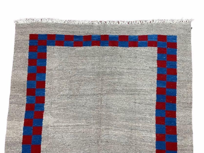 Gray Turkish Kilim Carpet 5' 7" x 7' 7", Medium Kilim Rug, Hand-Knotted, Blue & Red Border, Minimalistic Design, Geometric, Wool, New - Jewel Rugs, view 3