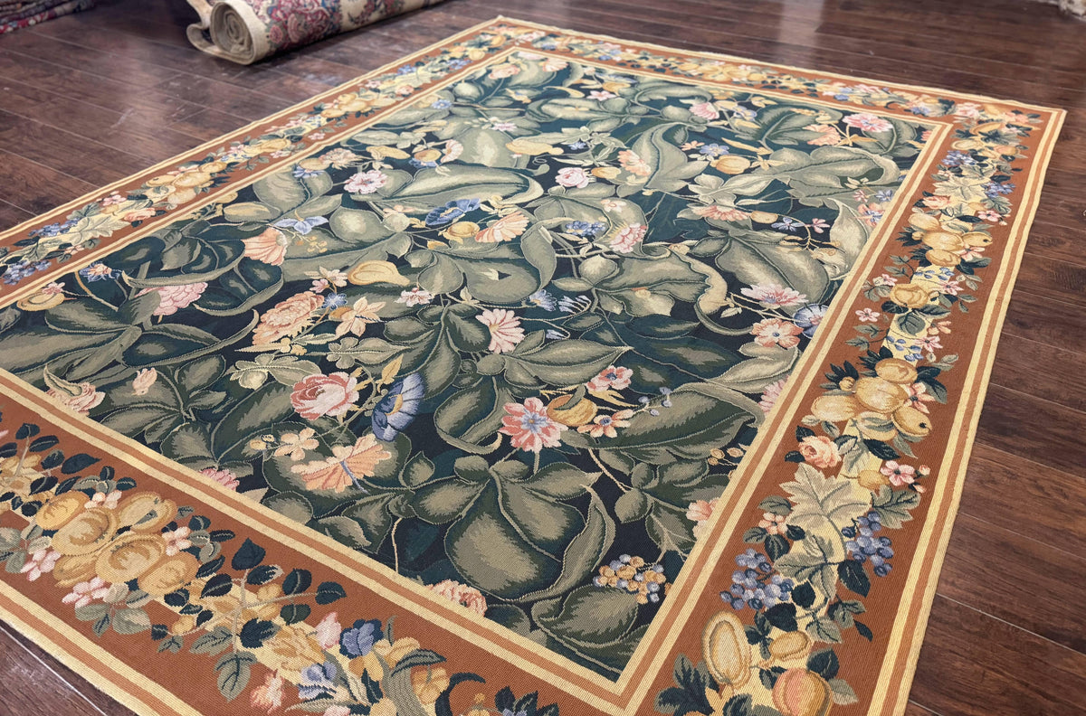 Needlepoint Rug 8x10, Vintage, Handmade, Wool, Green, Leaves & Fruits - Jewel Rugs, view 3