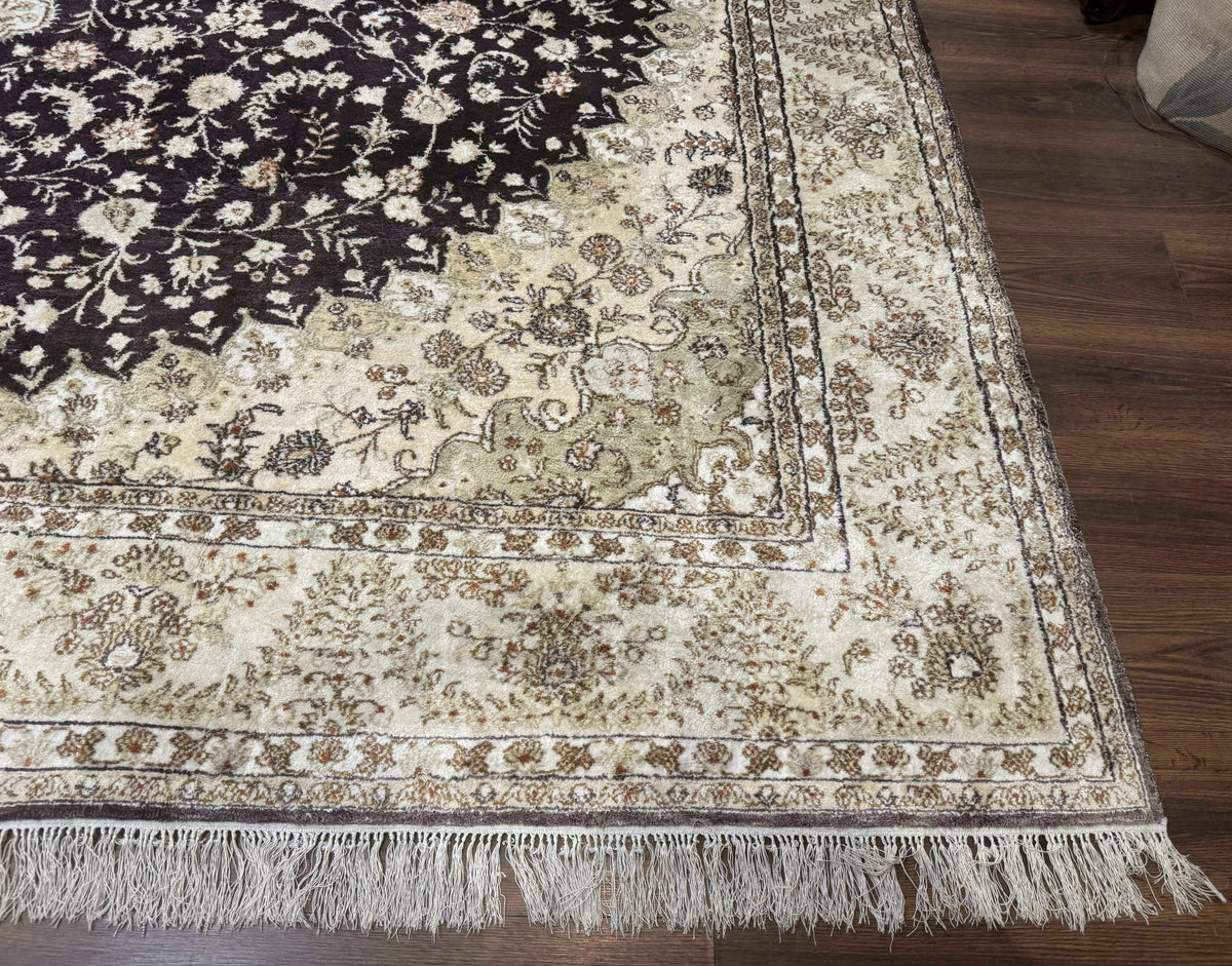 Indian Kashmiri Silk Rug 10x14, Floral Medallion - Jewel Rugs, view 9
