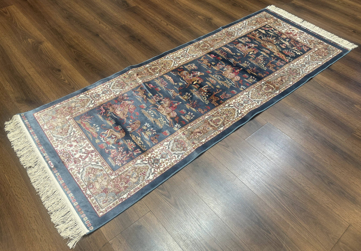 Turkish Silk Rug 2.6 x 6.7, Short Runner Rug, Blue & Ivory, Bamboo Silk, New - Jewel Rugs, view 2