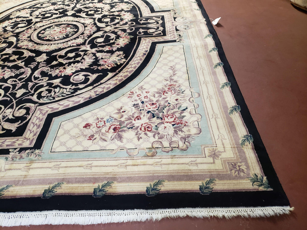 8x10 Aubusson Rug, Fine Hand Knotted Wool Carpet, French European Design, Black & Ivory - Jewel Rugs, view 10