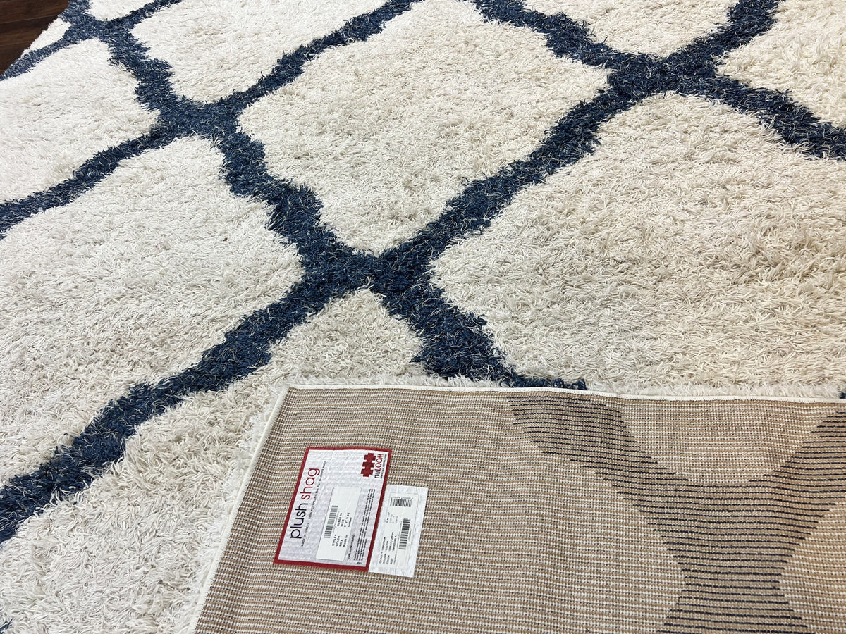 Modern Shag Rug 9x12, Ivory and Dark Blue, Diamond Pattern, Soft, Room Sized, Contemporary Rug, Plush - Jewel Rugs, view 11