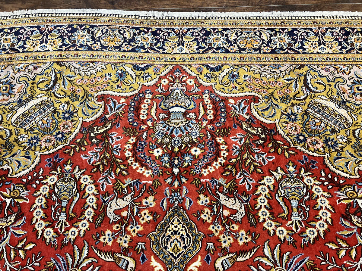 Wonderful Persian Qum Rug 10x14, Wool w/ Silk Highlights, Hand Knotted Semi Antique Vintage Carpet, Red, Floral, Fine Weave, Birds Deer Pictorials - Jewel Rugs, view 3