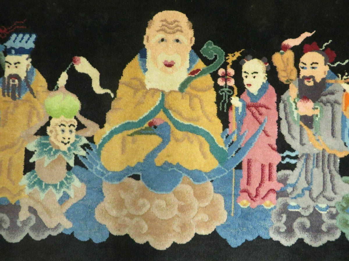 Chinese Wool Pictorial Rug 3x6 Counsel of Wise Elders Philosophers, Vintage Hand Knotted Black Chinese Carpet, Swan, Clouds Confucius, Rare - Jewel Rugs, view 2