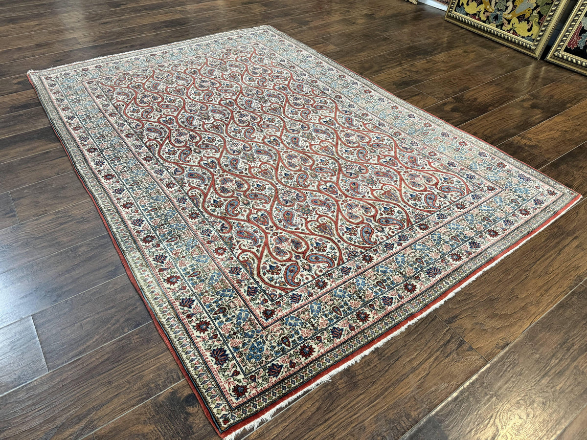 Unique Persian Qum Rug 5x7, Repeated Paisely Boteh Design, Ivory Red Blue, Handmade Antique Wool Persian Carpet, Finely Hand Knotted - Jewel Rugs, view 13