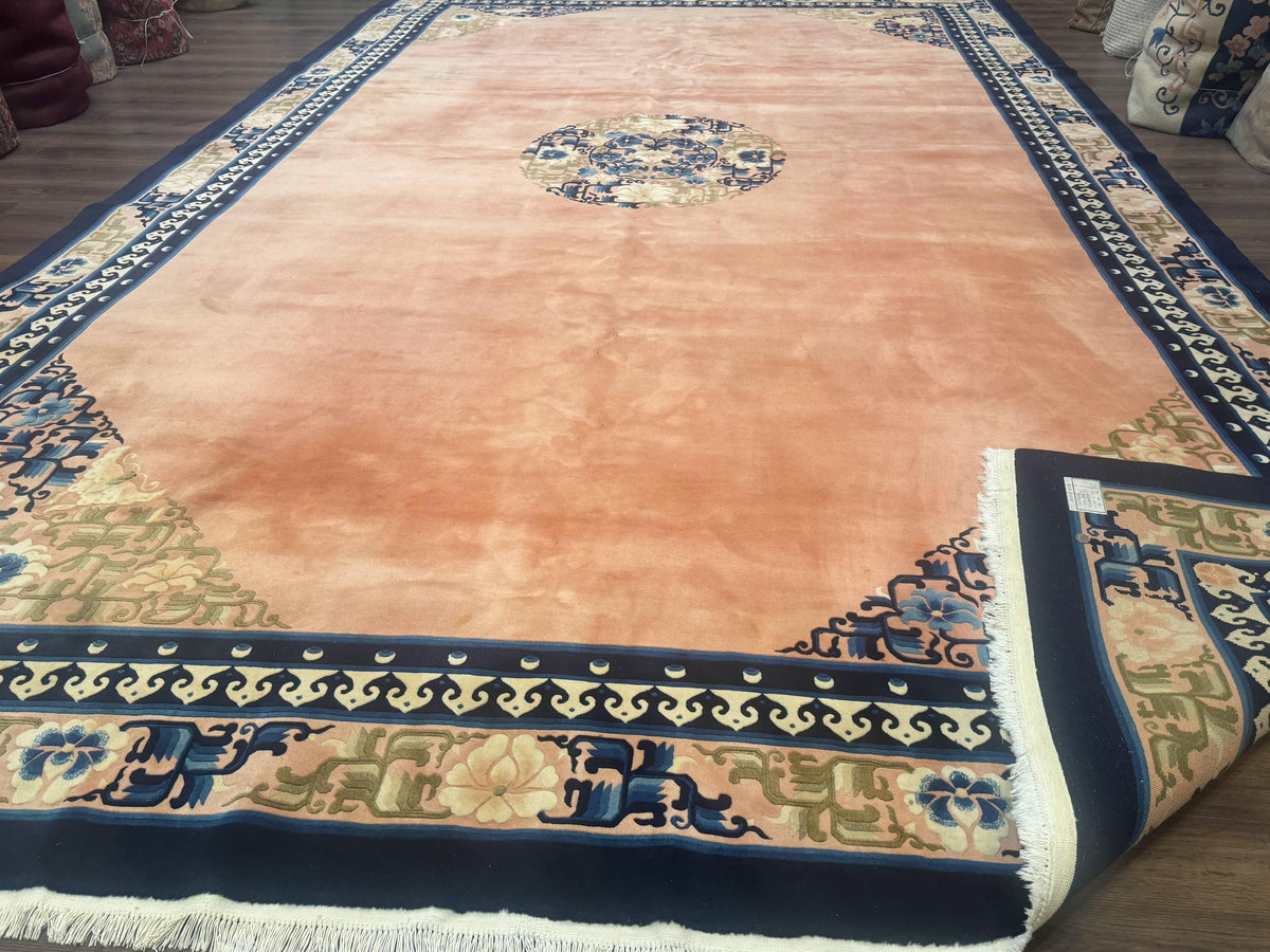 Chinese Wool Rug 11x18, Palace Sized Chinese Carpet, Peking Rug, Peach and Blue, Open Field, Simple Design, Art Deco Rug, Large Handmade Rug - Jewel Rugs, view 12