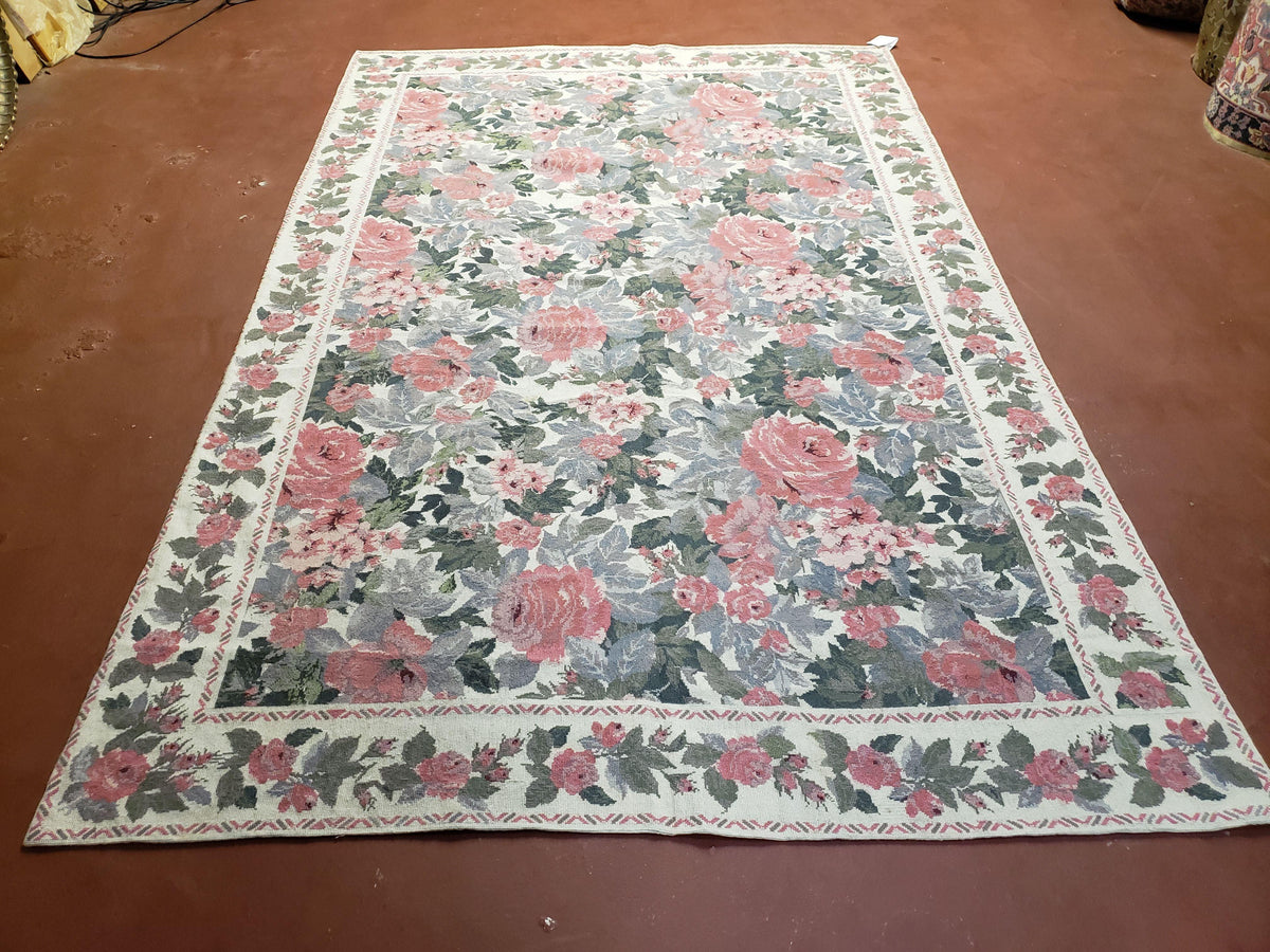 5x8 Needlepoint Rug 5' 4" x 8' 3" Wool Flat Weave Floral New Unused Carpet English Design Ivory Large Pink Flowers Green Leaves Hand-Knotted - Jewel Rugs, view 2