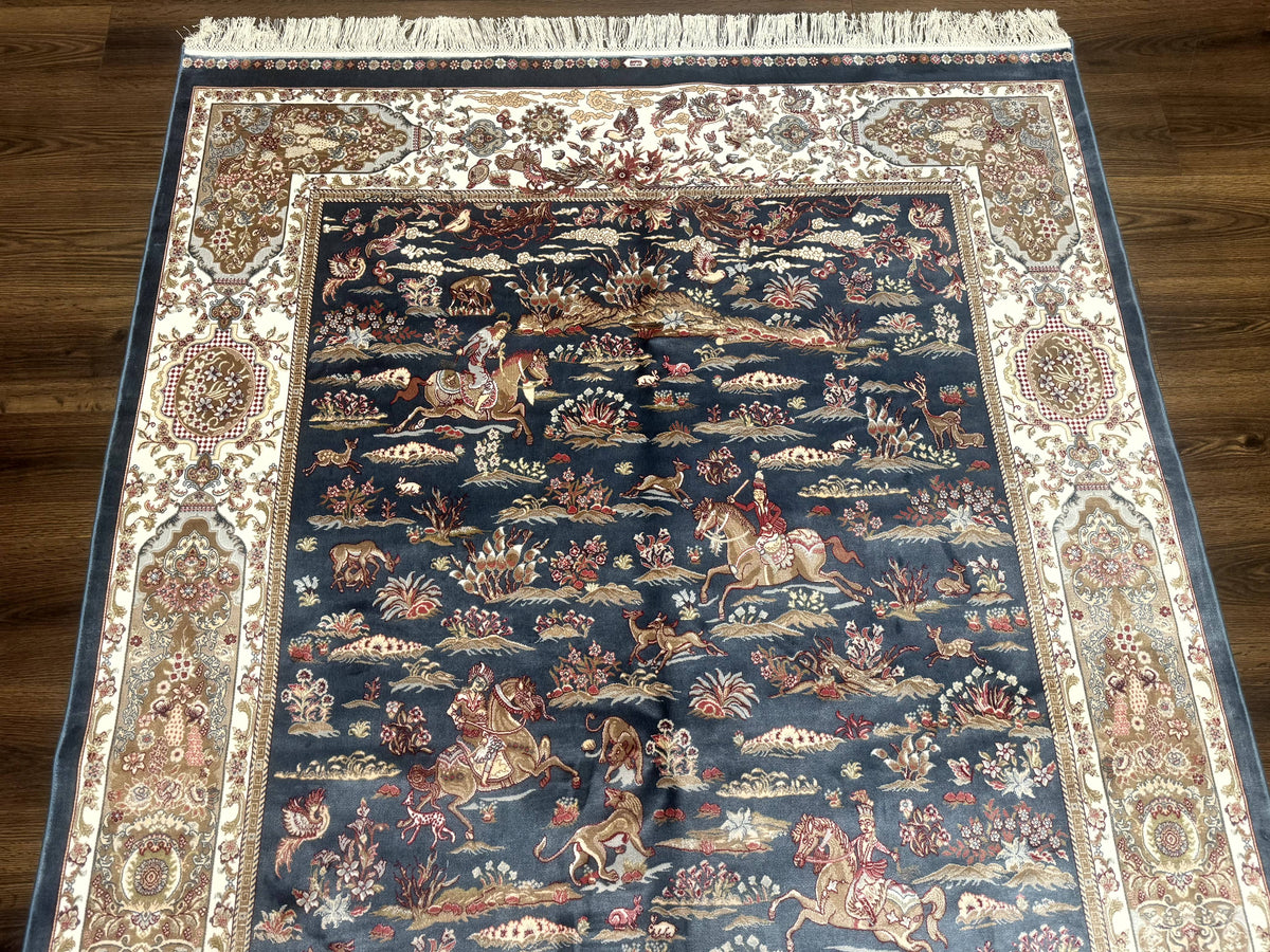 Turkish Silk Rug 5x8, Hunting Design, Animal Pictorials, Steel Blue & Ivory, Bamboo Silk - Jewel Rugs, view 6