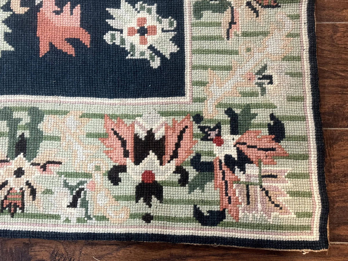 Vintage American Needlepoint Rug 4x6, Dark Green, Wool, Handmade, Flatweave Carpet - Jewel Rugs, view 9