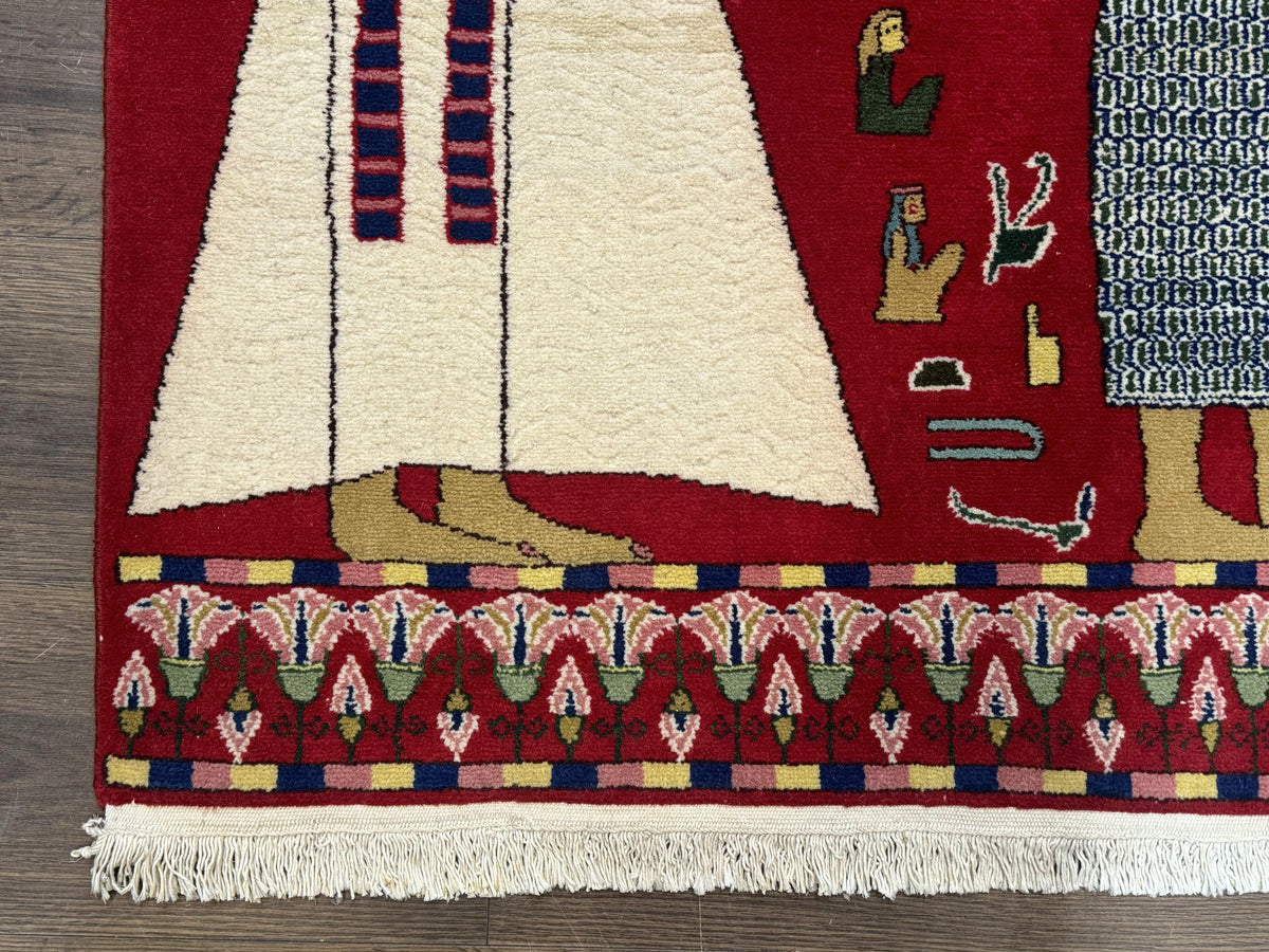 Egyptian Pictorial Rug 3x4, Hieroglyphic Pictorial Rug, Egyptian Prince and Princess, Cleopatra, Vintage Handmade, Red - Jewel Rugs, view 9