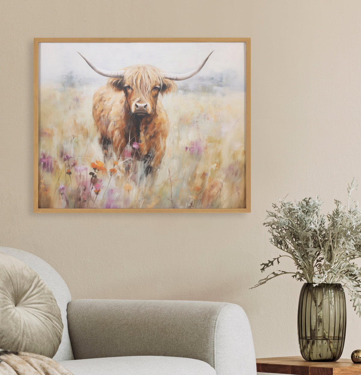 Gallery Highland Cow in a Flower Field Landscape Print by The Creative Bunch Studio