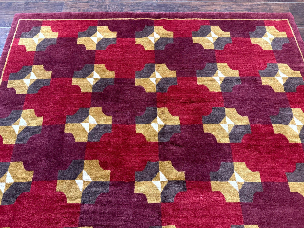 Modern Tibetan Rug 5 x 6.8, Wool, Red, Allover Pattern, Nepali Rug, Abstract Rug, Handmade Area Rug - Jewel Rugs, view 13