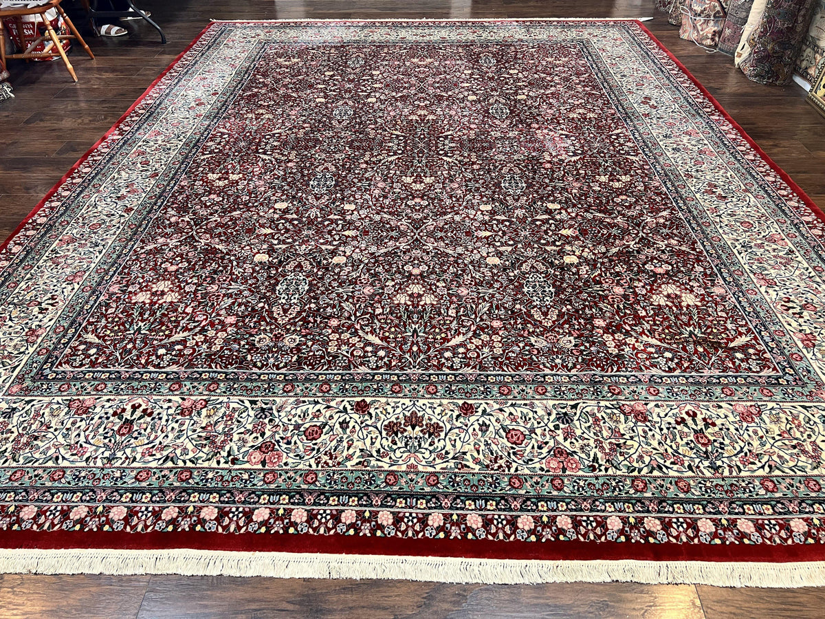 Pak Persian Rug 11x15, Wool & Silk Highlights Hand Knotted Vintage Carpet, Red Cream, Floral Allover, Oversized Kirman Rug - Jewel Rugs