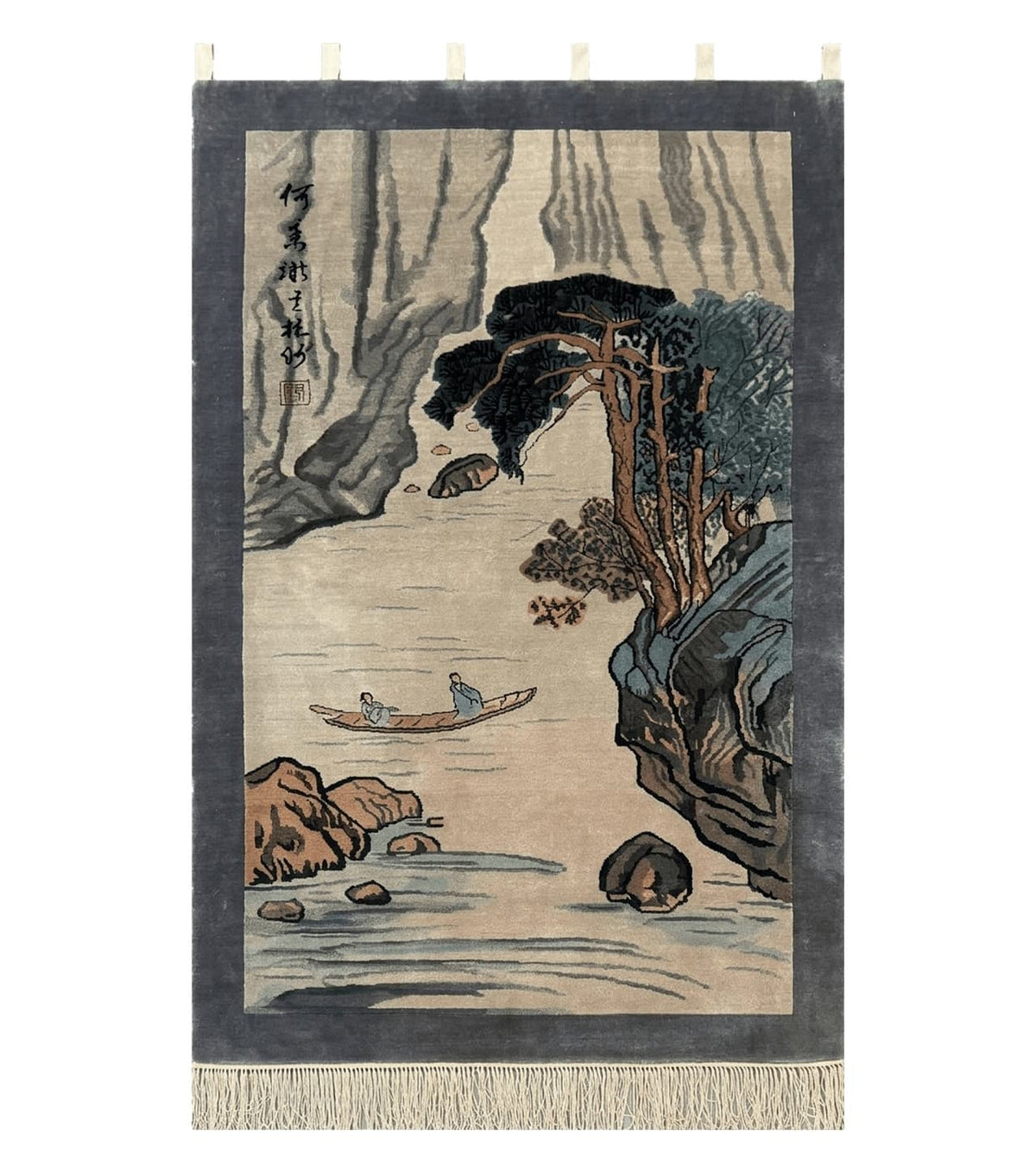 Chinese Silk Wall Hanging 3x5, Handmade, River and Boat Scene, Rug Tapestry - Jewel Rugs