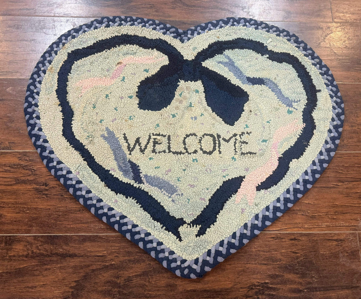 Small American Hooked Rug, Vintage Welcome Mat, Heart Shaped, Ivory and Blue - Jewel Rugs, view 3