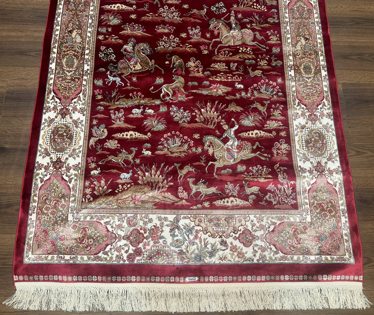 Turkish Silk Hunting Design Rug 4x6, Dark Red & Ivory, Bamboo Silk, New - Jewel Rugs, view 4
