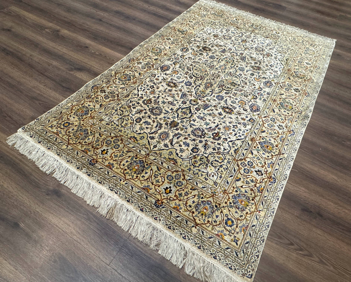 Rare Silk Persian Kashan Rug 4.6 x 7, Antique Fine 310 KPSI, Ivory - Jewel Rugs, view 2