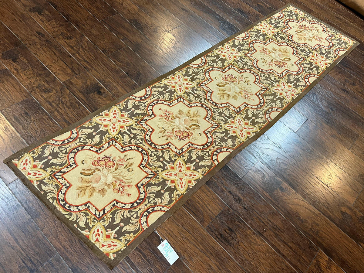 Needlepoint Runner Rug 2.8 x 9.8, Brown and Beige, Handwoven Handmade Floral French European Design, Vintage Flatweave 10ft Wool Runner Rug - Jewel Rugs, view 3