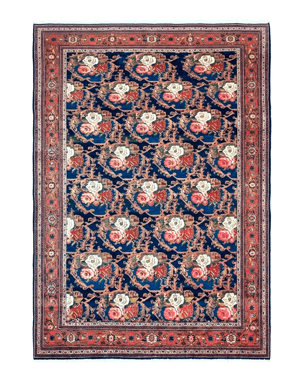 Persian Bidjar Rug 8x11, Floral Bouquets, Blue Black Red Pink, Handmade Hand Knotted Vintage Semi Antique Oriental Carpet - Jewel Rugs