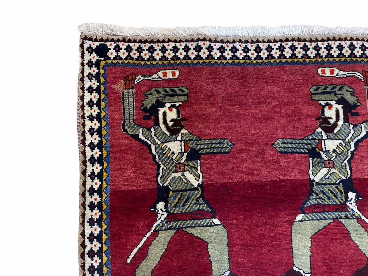 3 X 6 Handmade Wool Rug Tribal Balouch Warriors Deer Animal Pictorial Red Swords - Jewel Rugs, view 7