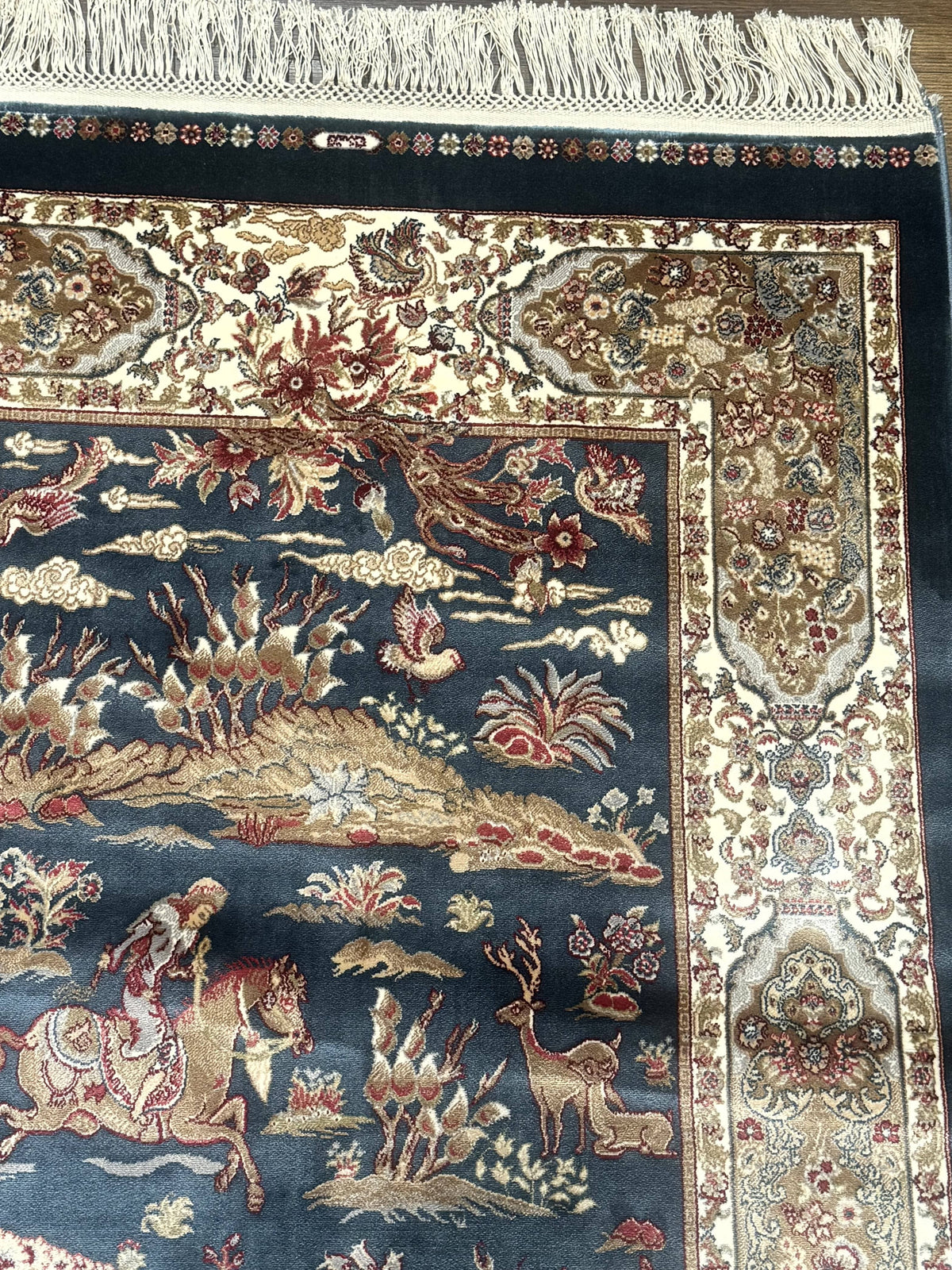Turkish Silk Hunting Scene Rug 2.6 x 5, Dark Steel Blue & Ivory, Bamboo Silk, New - Jewel Rugs, view 8