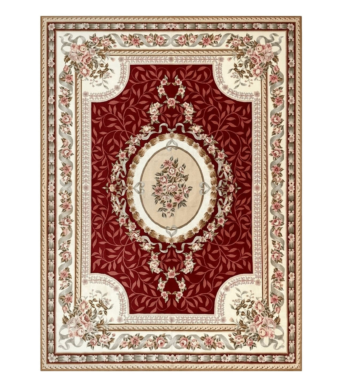 Wonderful Aubusson Rug 9x12, Handmade Vintage Needlepoint Carpet, Red and Ivory, Elegant European Design, Wool - Jewel Rugs